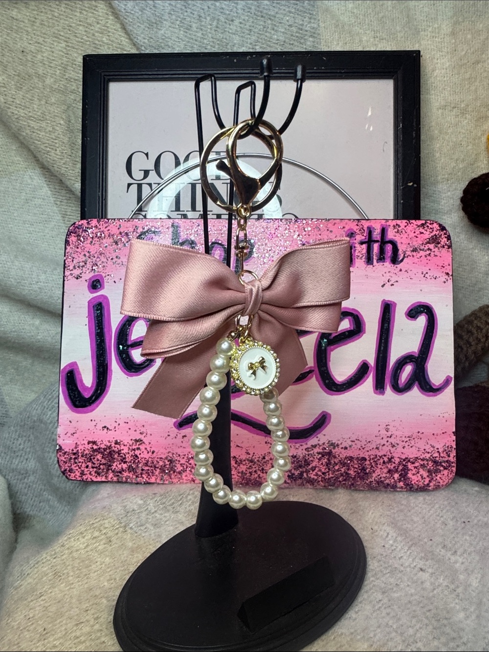 Pearl and Satin Bow Keychain  - Pink